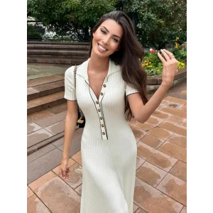 Kadın Kısa Kollu Yakalı önden Düğmeli Maxi Triko Elbise