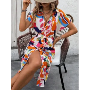 Kadın Kısa Kollu Yakalı önü Düğmeli önden Drapeli Desenli Süprem Elbise