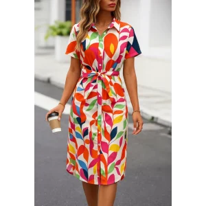 Kadın Kısa Kollu Yakalı önü Düğmeli önden Drapeli Desenli Süprem Elbise