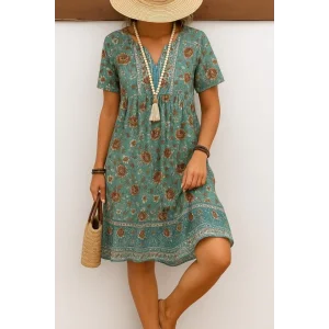 Kadın Kısa Kollu Yakası Bağcıklı önden Düğmeli Fırfır Desenli Süprem Elbise