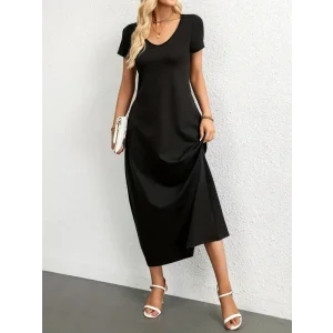 Kadın Kısa Kollu Yakası Yuvarlak Cepli Viskon Elbise