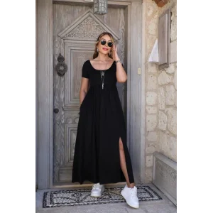 Kadın Kısa Kollu Yuvarlak Yaka önden Yırtmaçlı Cepli Viskon Uzun Elbise