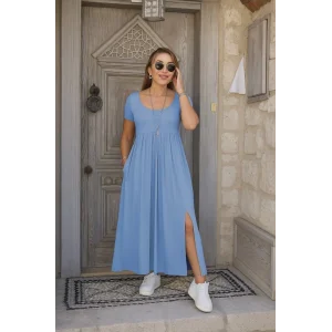 Kadın Kısa Kollu Yuvarlak Yaka önden Yırtmaçlı Cepli Viskon Uzun Elbise