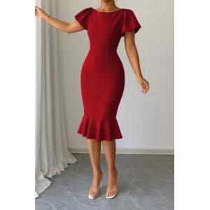 Kadın Kısa Kollu Yuvarlak Yaka Pileli Janjan Krep Elbise