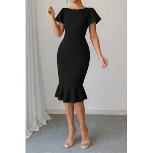 Kadın Kısa Kollu Yuvarlak Yaka Pileli Janjan Krep Elbise