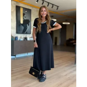 Kadın Kısa Kollu Yuvarlak Yaka Yandan Yırtmaçlı Midi Viskon Elbise