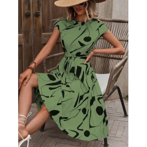 Kadın Kısa Yarasa Kollu Yuvarlak Yaka Beli Büzgülü Süprem Elbise