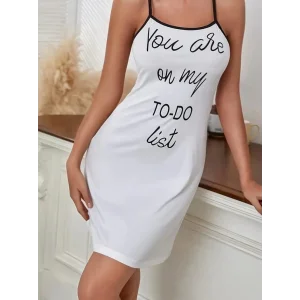 Kadın Kolsuz Askılı Sırt çapraz Detay To Do List Baskı Süprem Gecelik Elbise