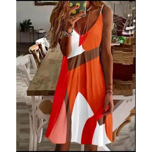 Kadın Kolsuz Askılı V Yaka Renkli Baskılı Süprem Elbise