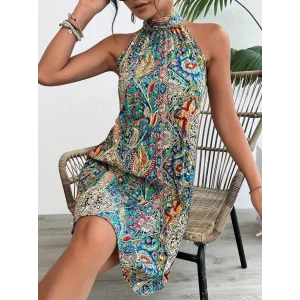 Kadın Sıfır Kol Boyundan Askılı Desenli Midi Süprem Elbise