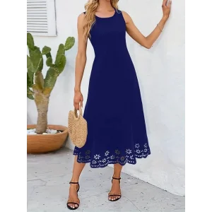 Kadın Kolsuz Etek Ucu Lazer Kesim çiçek Desenli Midi Boy Ithal Krep Elbise