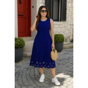 Kadın Kolsuz Etek Ucu Lazer Kesim çiçek Desenli Midi Boy Ithal Krep Elbise