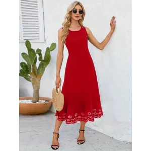 Kadın Kolsuz Etek Ucu Lazer Kesim çiçek Desenli Midi Boy Ithal Krep Elbise