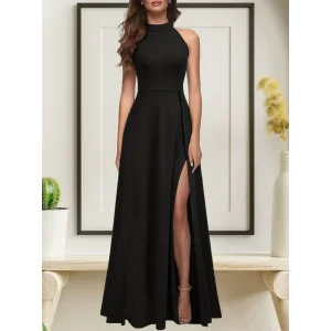 Kadın Halter Yaka Derin Yırtmaç Detaylı Tam Boy Ithal Krep Abiye Elbise