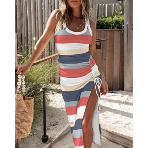 Kadın Kolsuz şerit Desenli Büzgü Yırtmaçlı Pegasus Kumaş Elbise