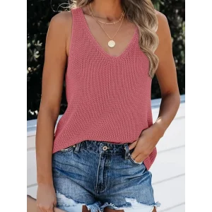 Kadın Kolsuz V Yaka Kalın Askılı Triko Bluz