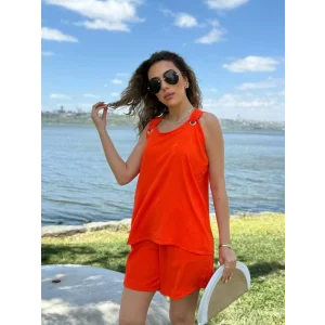 Kadın Kolsuz V Yaka Kuş Gözü Detay Bluz Short Aerobin Ikili Takım