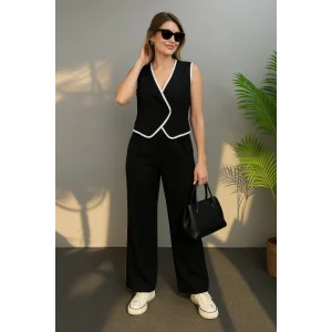 Kadın Kolsuz V Yakalı Düğmeli Ithal Krep Yelek Ve Pantolon Ikili Takım