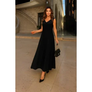 Kadın Kolsuz V Yakalı Maksi Boy Ithal Keten Elbise