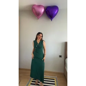 Kadın Kruvaze Yaka Düğme Detay Maxi Boy Elbise