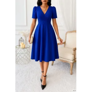 Kadın Kruvaze Yaka Kısa Kollu Midi Boy Krep Kumaş Elbise