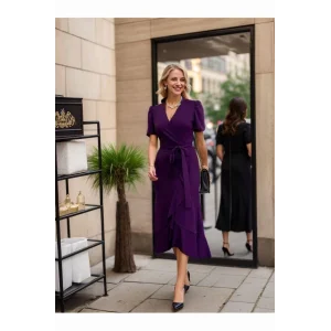 Kadın Kruvaze Yaka Midi Boy Kuşaklı Krep Elbise 120 Cm