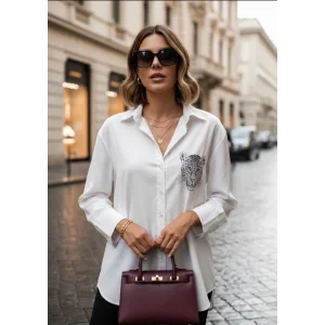 Kadın Leopar Baskılı Taş Işlemeli Jessica Kumaş Gömlek