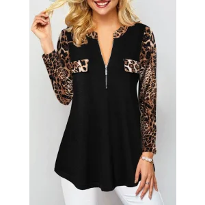 Kadın Leopar Desen Fermuar Detay Viskon Kumaş Bluz