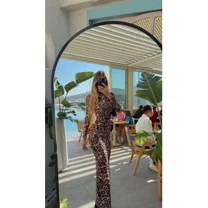 Kadın Leopar Desenli Sırt Dekoltelı Maxı Boy Elbise