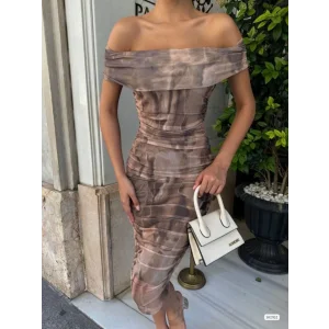 Kadın Madonna Yaka Dalga Desen Midi Boy şifon Elbise