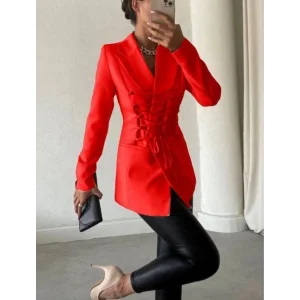 Kadın Manşet Yaka Cep Ve Bağcık Detay Uzun Ceket