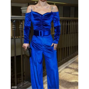 Kadın Modanna Yaka Zincir Askı Detay Kemer Dahil Kadife Kumaş Tulum