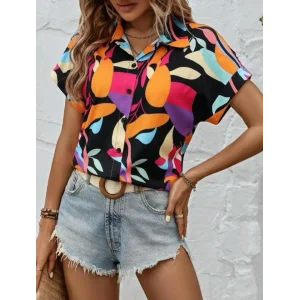 Kadın Moss Krep Kumaş Kısa Kol Çiçek Desenli Gömlek