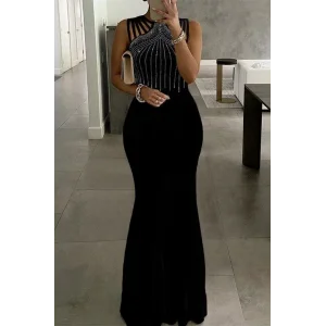 Kadın Omuz çoklu Askılı önü Taş Işlemeli Balık Kesim Janjan Krep Maxi Boy Elbise