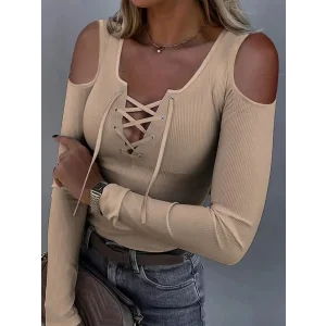 Kadın Omuzlardan Açık Uzun Kollu Bağcıklı Kaşkorse Bluz