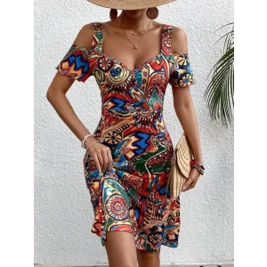 Kadın Omuzlardan Açıl Askılı Desenli Süprem Elbise