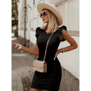 Kadın Omzu Volanlı Bisiklet Yaka Kaşkorse Mini Elbise