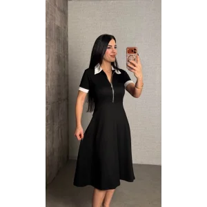 Kadın Polo Yaka Fermuar Detaylı Modal Midi Elbise