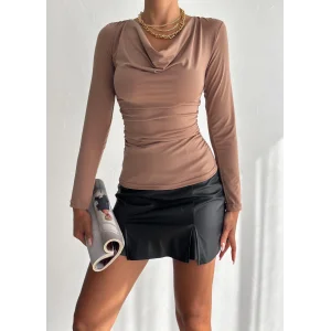 Kadın Sandy Kumaş Degaje Yaka Uzun Kollu Bluz