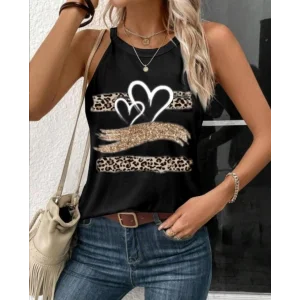 Kadın Sıfır Kol Halter Yaka Kalp Baskılı Viskon Bluz