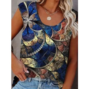 Kadın Sıfır Kol Yuvarlak Yaka Karışık Renkli Baskılı Süprem Bluz