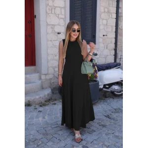 Kadın Sıfır Kollu Bisiklet Yaka Viskon Elbise