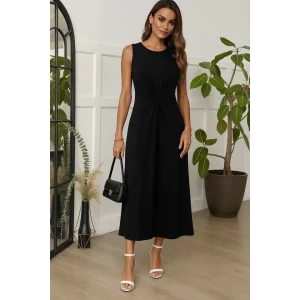 Kadın Sıfır Kollu Bisiklet Yaka Yandan Büzgü Detaylı Viskon Elbise