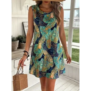 Kadın Sıfır Kollu Yuvarlak Yaka Desenli Süprem Elbise