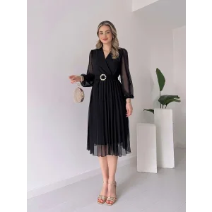 Kadın şifon Kumaş Astalı Kloş Kesim Kruvaze Yaka Midi Boy Elbise