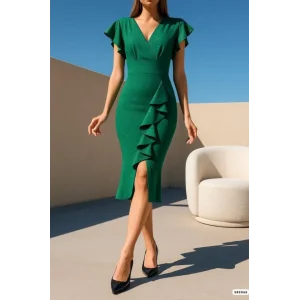 Kadın Simli Elbise Kol Pileli Yırtmaç Detaylı Elbise