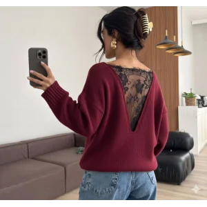 Kadın Sırtı Dantel Transparan Detay Triko Kazak