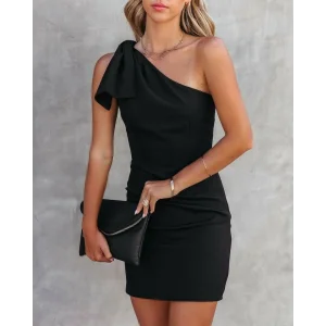 Kadın Tek Omuz Askılı Ek Parça Detay Mini Krep Elbise
