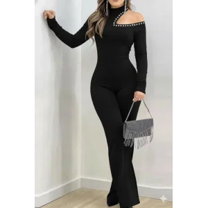 Kadın Tek Omuzdan Açık Balıkçı Yaka Taş Detaylı Uzun Ithal Krep Tulum