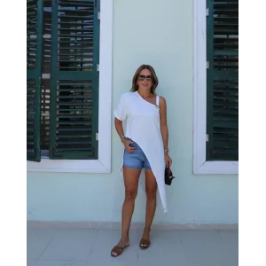 Kadın Tek Omuzu Açık Askılı Asimetrik Kesim Detaylı Bluz